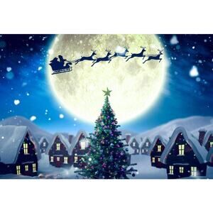 7x5ft Christmas Eve Poly Backdrop, Santa Sleigh, Snowy Forest, Moonlit Night